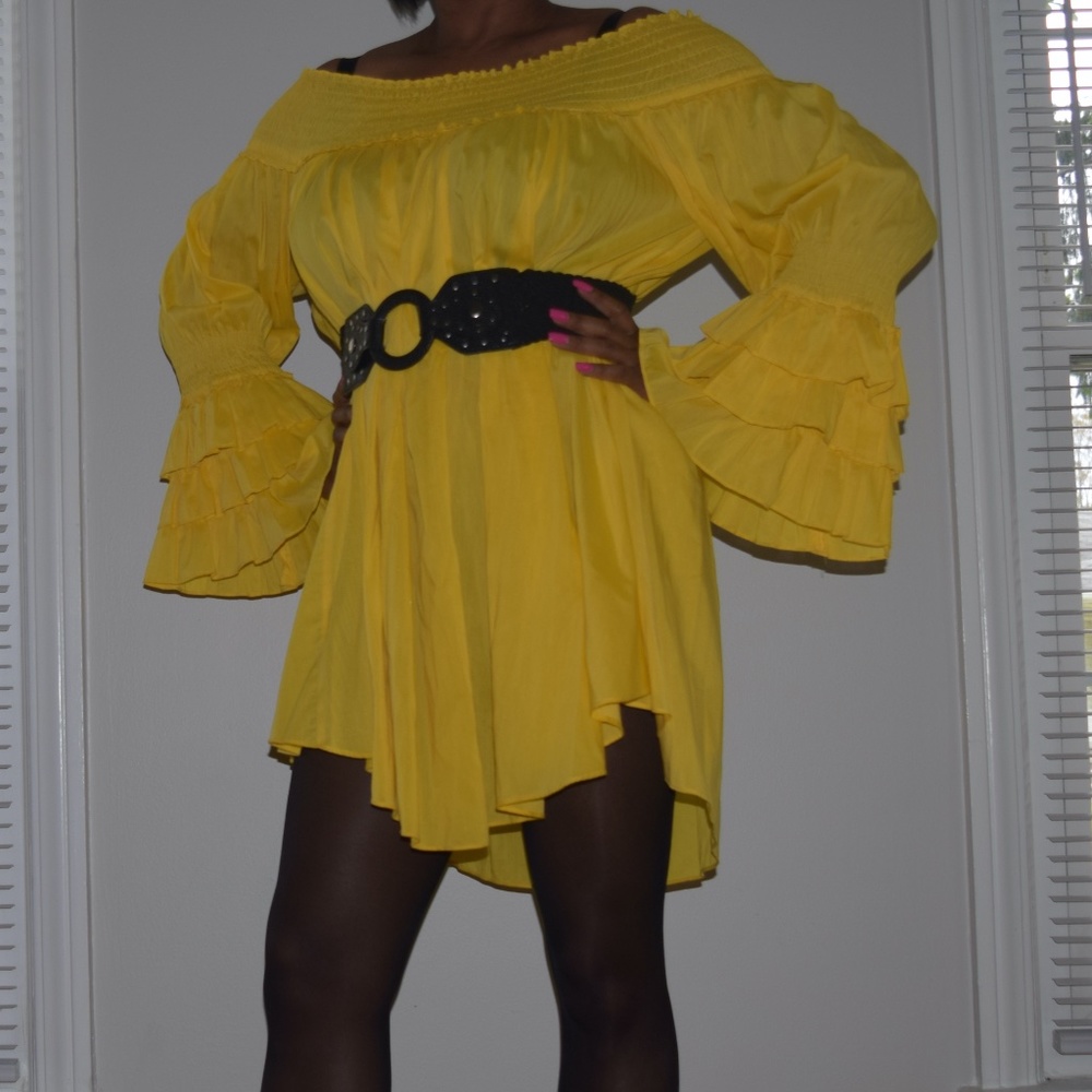 Gracia Smocked Off-the-shoulder Ruffle Sleeve Dress in Yellow